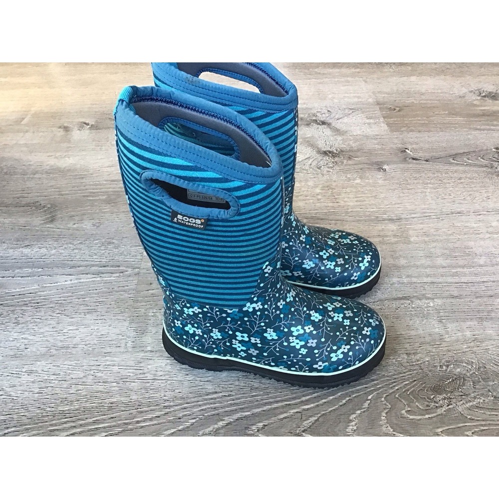 Bogs Flower Stripe Youth Girls Size 3 Blue Floral Waterproof Winter Snow Boots